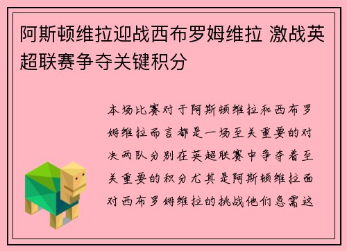 阿斯顿维拉迎战西布罗姆维拉 激战英超联赛争夺关键积分 阿斯顿维拉迎战西布罗姆维拉 激战英超联赛争夺关键积分